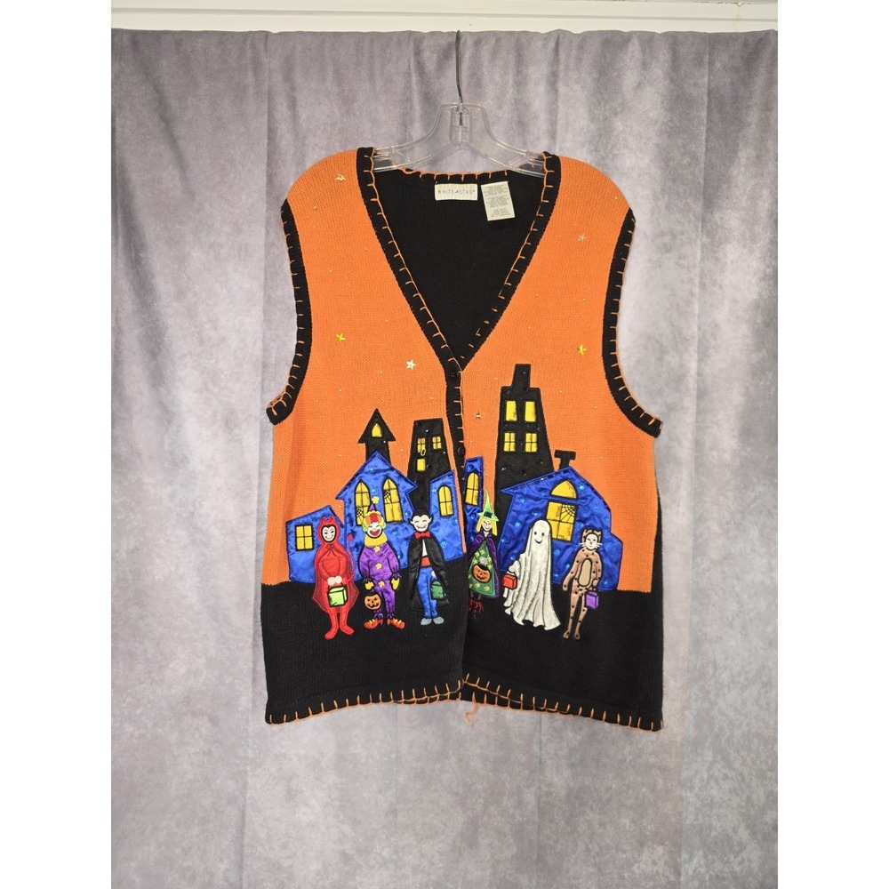 Vtg White Stag Halloween Sweater Vest SZ  XL Orange Black Sequins Trick or Treat